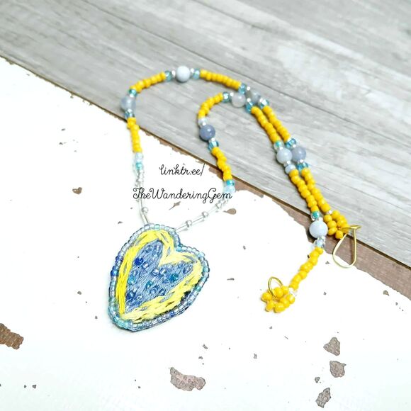 Hand Embroidered Beaded Heart Pendant Necklace, Yellow & Blue, OOAK Artisan - Picture 3 of 5